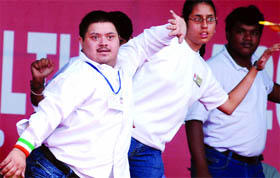 Special children perform during the inauguration of 17th MTNL Perfect Health Mela on NDMC Ground at Laxmi Bai Nagar in New Delhi on Sunday.