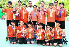 Players of Manav Mangal Skating Academy, who won medals during the All-India Invitational Rink Hockey and Speed Skating Championship at Mussorie, in Panchkula on Monday. 