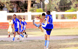 A match of the ONGC Ram Bahadur Chetri Memorial Inter-School Football Tournament being played in Dehradun on Monday.