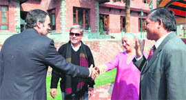 Chief Minister Omar Abdullah with the interlocutors in Srinagar on Monday.