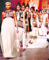 Models walk the ramp showcasing designer J J Valaya's creation.