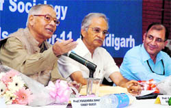 Yogendra Singh, sociologist and professor emeritus, JNU, addresses a gathering at GCG-11, Chandigarh, on Tuesday