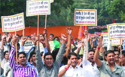 The Bharatiya Janata Party youth wing activists participate in Sankalp Diwas Rally to save Kashmir, in New Delhi