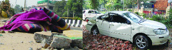 (Left) The spot where the accident took place in Tilak Nagar, New Delhi. (Right) The car involved in the mishap at the Tilak Nagar police station 