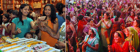 Women play dandia at a function held in New Delhi on the occasion of Karva Chauth on Tuesday. (Below) Bangles much in demand in Gurgaon