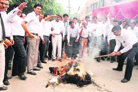 Gurgaon lawyers burn an effigy of a judicial magistrate
