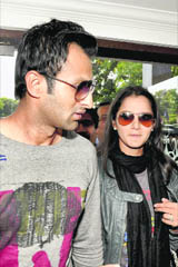 Sania Mirza along with her husband Shoaib Malik arrives at Birsa Munda Airport in Ranchi, Jharkhand on Wednesday to inaugurate a tennis stadium for the 34th National Games.