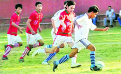A match of the Ram Bahadur Chetri Memorial Inter-School Football Tournament being played in Dehradun on Thursday.