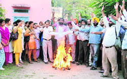 ETT teachers burn an effigy of panchayat minister Ranjeet Singh Brahmpura in Ludhiana on Thursday.