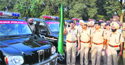 Commissioner of Police Ishwar Singh flags off Scorpio vehicles added to the police fleet in Ludhiana on Thursday.
