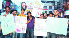 Boys and girls participate in a peace rally organised by members of the Art of Living in Amritsar on Friday. 