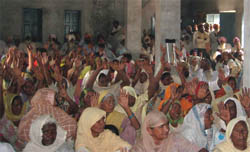 Women outnumber men during a gram sabha meeting at Chand Purana village in Moga