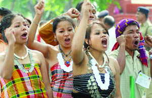 Members of the Indigenous Peoples Front of Tripura demand a separate state at Jantar Mantar in New Delhi on Friday.