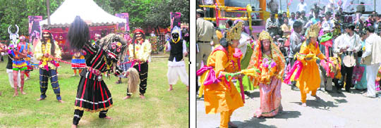 A Hilljatra dance (right) and a Ramman dance being performed in Chamoli district.
