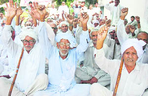 Activists of the Bharatiya Kisan Union raise slogans against the minimum support price of paddy in Karnal district on Friday.