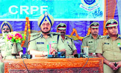 AS Sidhu, IG, CRPF, addresses colleagues during a farewell party organised for him at the CRPFs Group Centre in Jammu on Friday