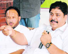 INLD secretary-general Ajay Singh Chautala addresses a press conference in Chandigarh on Saturday. Also seen in the picture is Kalka MLA Pradeep Chaudhary.