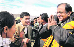 Union Home Minister P Chidambaram interacts with flood-hit people at Solar Colony in Choglamsar in Leh 