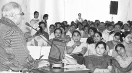 Dr Tankeshwar Kumar, director, computer centre, Panjab University, addresses delegates during a seminar in Ludhiana on Saturday.