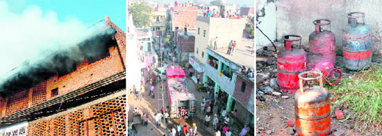 From left: Smoke billows from the building; a fire engine at the spot; and LPG cylinders recovered from the illegal candle factory.