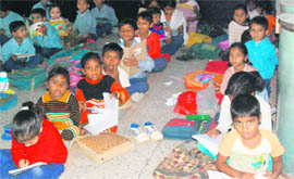 A classroom for primary class students at Government Primary School, Phase 3B 1, is also being used to store rations under the midday meal scheme.