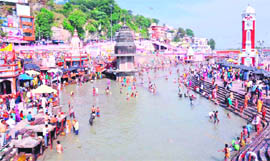 The scene at Har-ki-Pauri after water was released from Bhimgoda Barrage in Haridwar on Sunday.