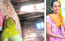 Angoori Devi, a plot beneficiary, shows the damaged roof of her rented accommodation at Baldi village; and (R) Manju Bala is all smiles after getting lucky in the draw of lots in Karnal district. 