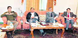 Union Home Minister P Chidambaram at a meeting with Chief Minister Omar Abdullah and senior officers in Srinagar on Sunday