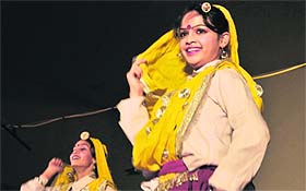 Girls perform Haryanavi dance during an annual cultural function at Arya College in Ludhiana on Sunday.