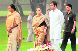 UPA chairperson and Congress president Sonia Gandhi with Rahul Gandhi and Speaker of the 