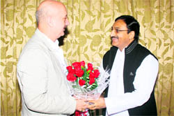 Film actor Anupam Kher meets Chief Minister Ramesh Pokhriyal Nishank in Dehradun on Monday.
