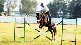 A contestant performs a horse jump in Haridwar on Monday. 