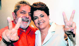 Brazilian President Luiz Inacio Lula da Silva and Brazilian President-elect Dilma Rousseff celebrate her victory at Alvorada Palace on Monday.