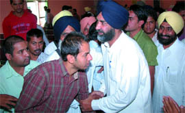 A young supporter greets former finance minister Manpreet Badal with reverence during the latters visit to Bathinda on Tuesday.