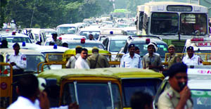 A Congress meeting on Tuesday caused traffic jam near the Talkatora Stadium in New Delhi.