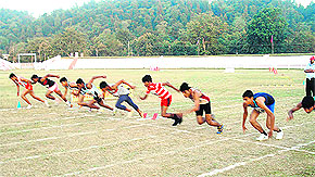 Athletes take off during a state-level athletics meet in Haridwar on Tuesday.