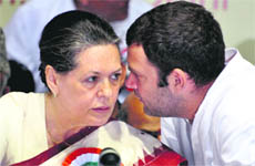 Congress president Sonia Gandhi with general secretary Rahul Gandhi at the AICC meeting in New Delhi on Tuesday.