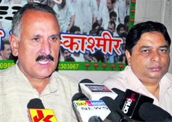 Shamsher Singh Manhas, state president of the BJP,addresses mediapersons in Jammu on Tuesday