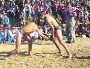 A final bout between Liaquat Ali and Hoshyar Singh in progress at a dangal organised by the Army at Mahore Rasai. Tribune photoq