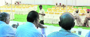 Empty chairs at Infotech auction in Mohali on Wednesday.