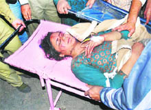 A woman, who was injured in a bus accident near Doda, being shifted to Government Medical College and Hospital in Jammu on Wednesday. 
