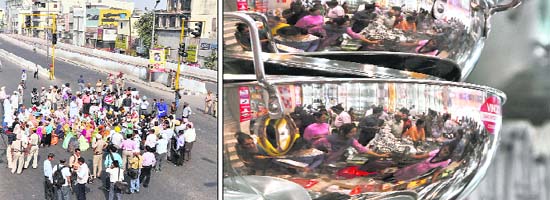Lacked Support: Riot victims stage a dharna for two hours at the Jagraon bridge; and (right) Reflection of the huge rush to buy utensils seen through a pan displayed at a crockery store in the city on the occasion of Dhanteras despite the bandh call on Wednesday