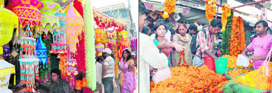 Shops all decked up at the Paltan Bazar on the eve of Divali in Dehradun on Thursday; Flowers and garlands being sold on the eve of Divali in Dehradun on Thursday.