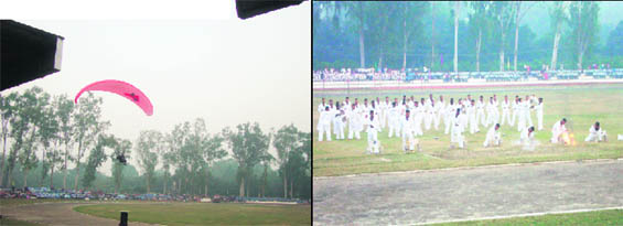 (Left) A parasailing display at a rehearsal for the 208th group day ceremony of the Bengal Sappers in Roorkee on Thursday and (Right) tae kwon do experts showcase their skills.