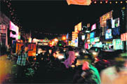 Illuminated shops on the eve of Divali in Jammu