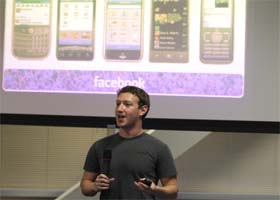 Facebook CEO Mark Zuckerberg presents the latest mobile initiatives for his company at their Palo Alto, California campus November 3, 2010