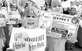 Bhopal gas tragedy survivors protest against US Corporations Dow Chemicals and Union Carbide during President Barack Obamas visit, in Bhopal on Saturday.