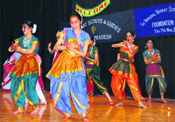 Girls perform during the Himachal Bharat Scouts and Guides foundation day celebration at Portmore School in Shimla on Sunday.