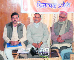RSS parant sanghchalak Roop Chand addresses mediapersons in Shimla on Sunday. 
