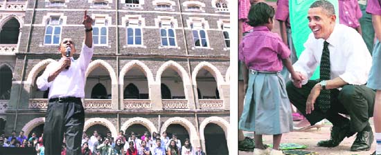 Obama addresses students of St. Xaviers College in Mumbai and (right) at Humayun Tomb, he bends down to shake hands with a young child